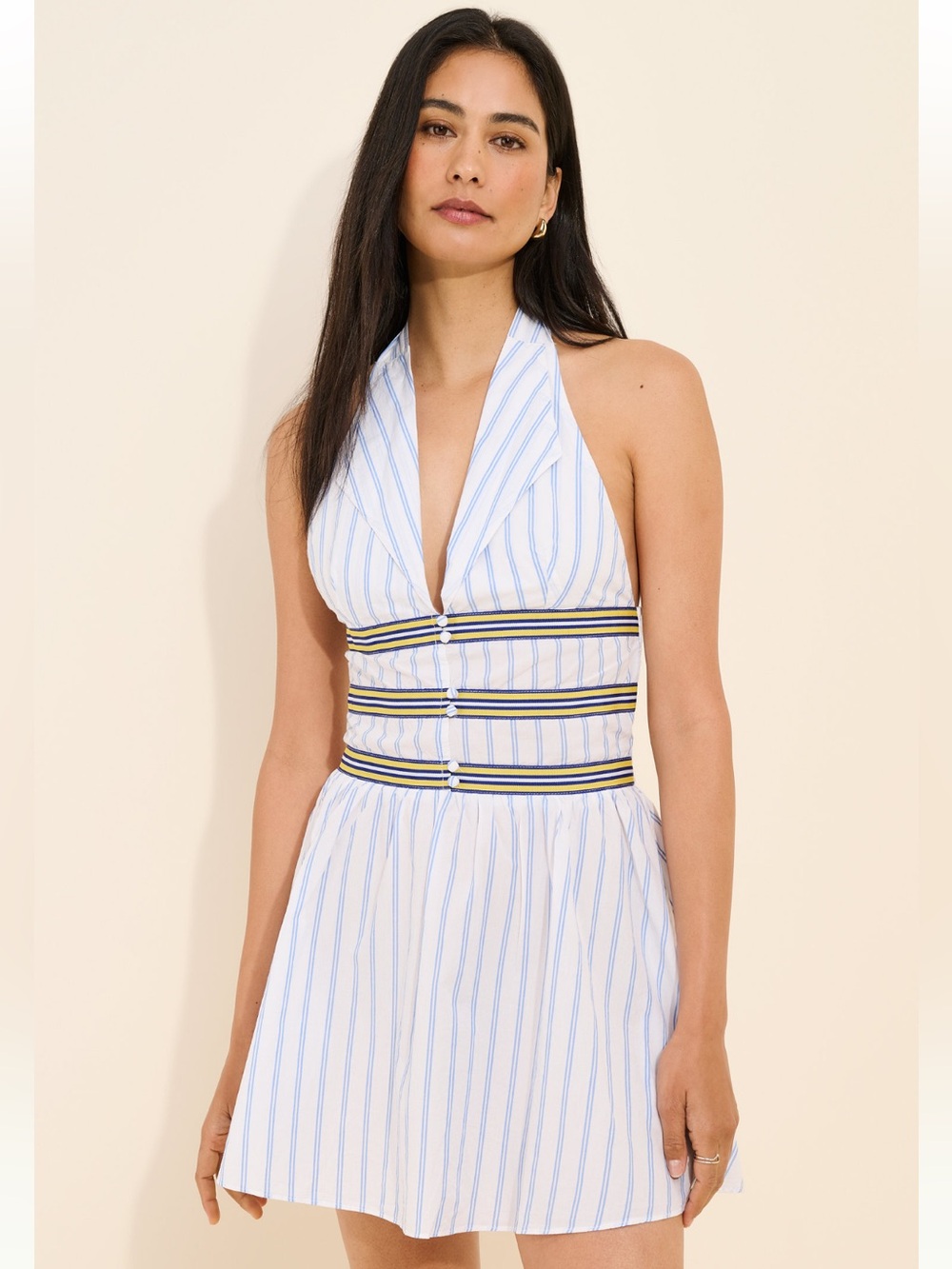 Celandine Anthropologie Cotton Halter Mini Shirt Dress in Blue Stripe